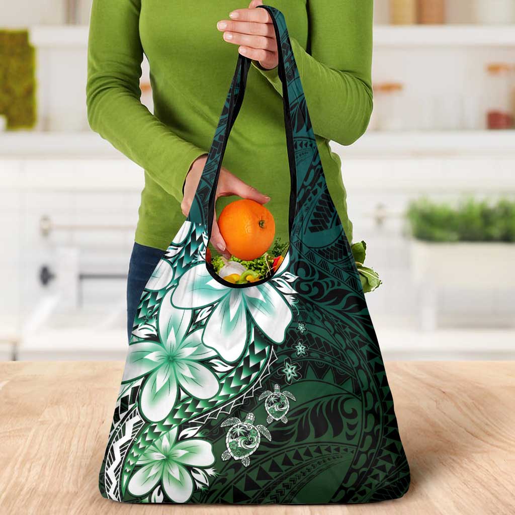 Polynesia Romantic Valentine Grocery Bag Sea Turtle Couple With Aqua Gradient Plumeria
