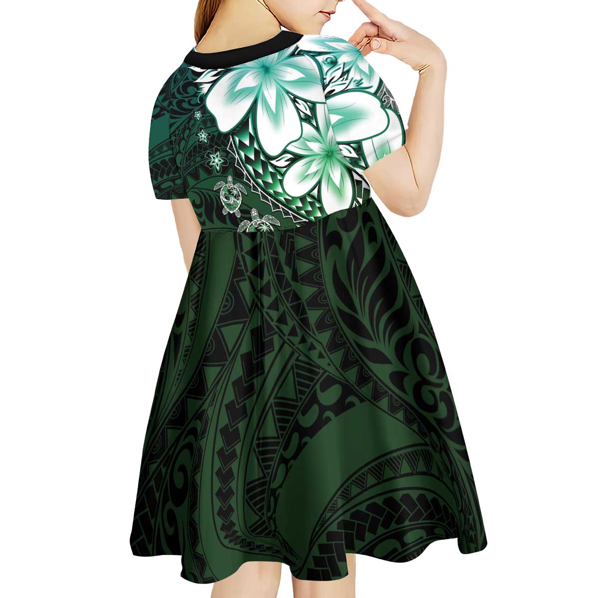Polynesia Romantic Valentine Kid Short Sleeve Dress Sea Turtle Couple With Aqua Gradient Plumeria