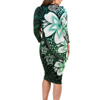 Polynesia Romantic Valentine Long Sleeve Bodycon Dress Sea Turtle Couple With Aqua Gradient Plumeria