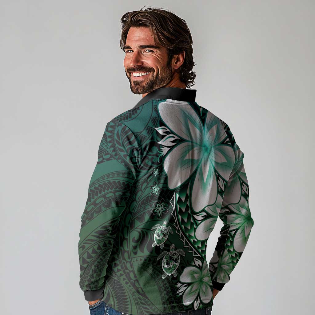 Polynesia Romantic Valentine Long Sleeve Polo Shirt Sea Turtle Couple With Aqua Gradient Plumeria