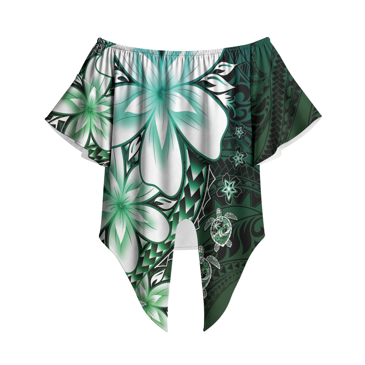 Polynesia Romantic Valentine Off Shoulder Wrap Waist Top Sea Turtle Couple With Aqua Gradient Plumeria LT05 Aqua - Polynesian Pride