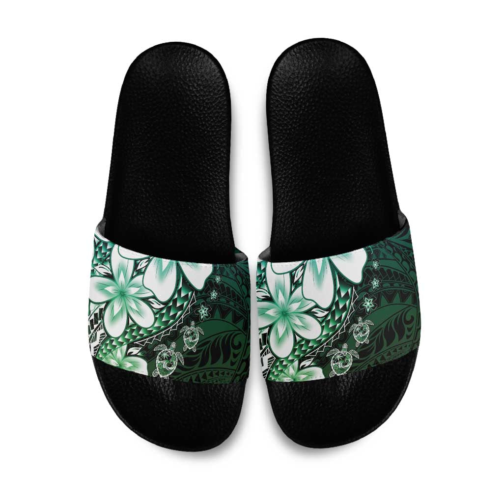 Polynesia Romantic Valentine Slide Sandals Sea Turtle Couple With Aqua Gradient Plumeria