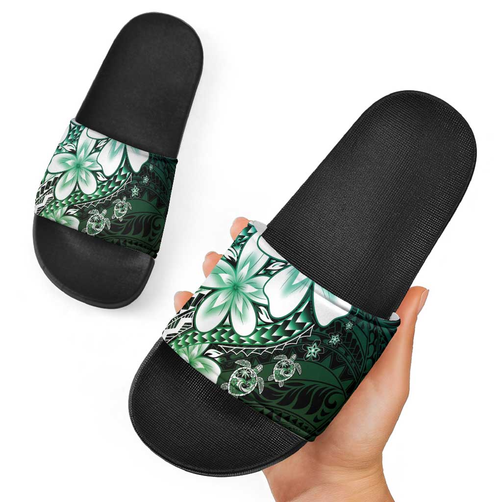 Polynesia Romantic Valentine Slide Sandals Sea Turtle Couple With Aqua Gradient Plumeria