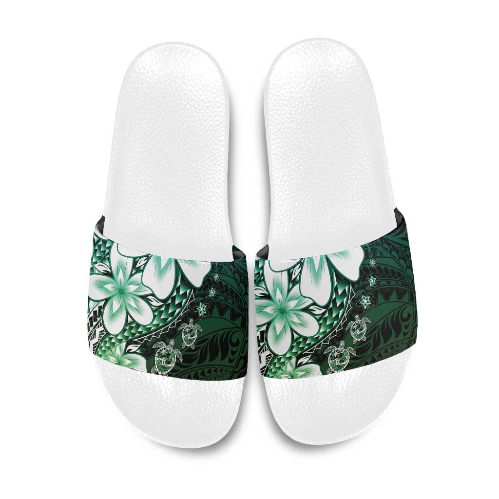Polynesia Romantic Valentine Slide Sandals Sea Turtle Couple With Aqua Gradient Plumeria