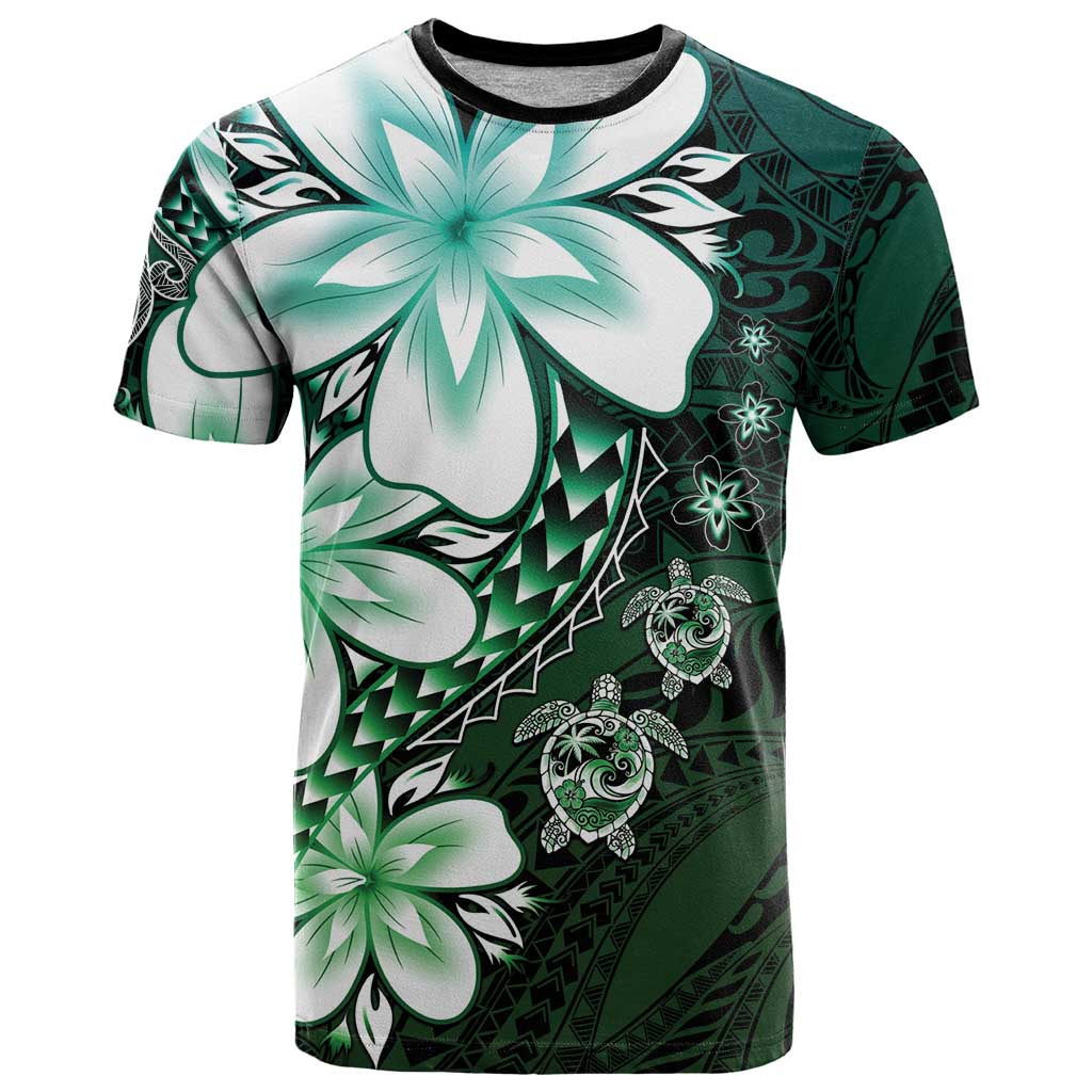Polynesia Romantic Valentine T Shirt Sea Turtle Couple With Aqua Gradient Plumeria
