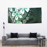 Polynesia Romantic Valentine Tapestry Sea Turtle Couple With Aqua Gradient Plumeria