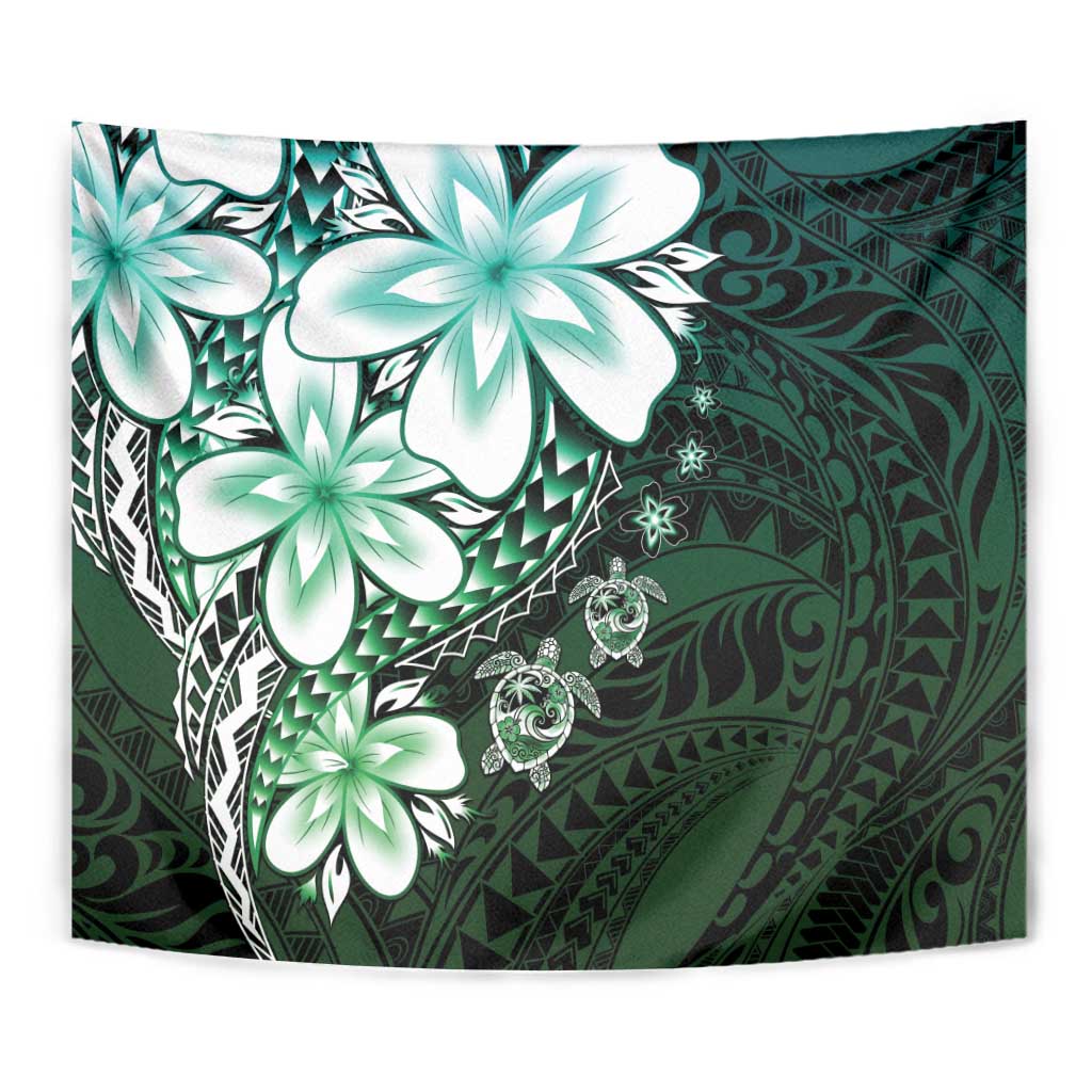Polynesia Romantic Valentine Tapestry Sea Turtle Couple With Aqua Gradient Plumeria