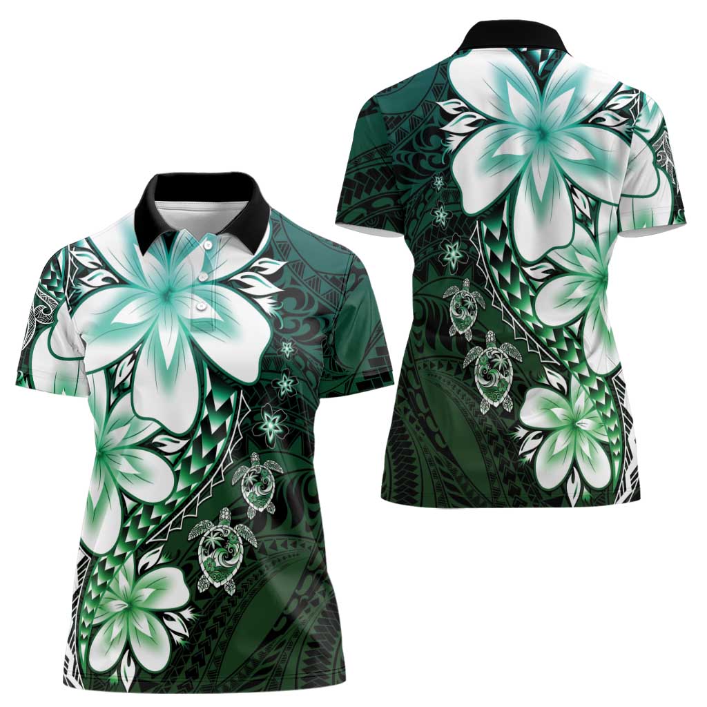 Polynesia Romantic Valentine Women Polo Shirt Sea Turtle Couple With Aqua Gradient Plumeria