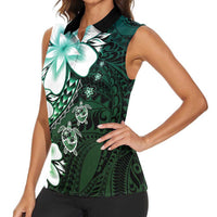 Polynesia Romantic Valentine Women Sleeveless Polo Shirt Sea Turtle Couple With Aqua Gradient Plumeria