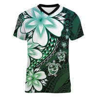 Polynesia Romantic Valentine Women V-Neck T-Shirt Sea Turtle Couple With Aqua Gradient Plumeria LT05 Female Aqua - Polynesian Pride