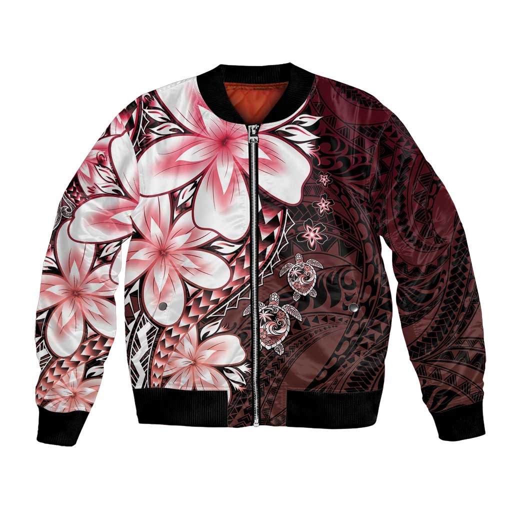 Polynesia Romantic Valentine Bomber Jacket Sea Turtle Couple With Red Gradient Plumeria
