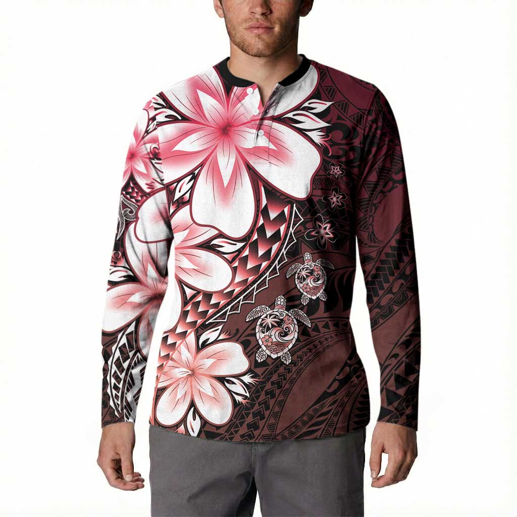 Polynesia Romantic Valentine Button Sweatshirt Sea Turtle Couple With Red Gradient Plumeria