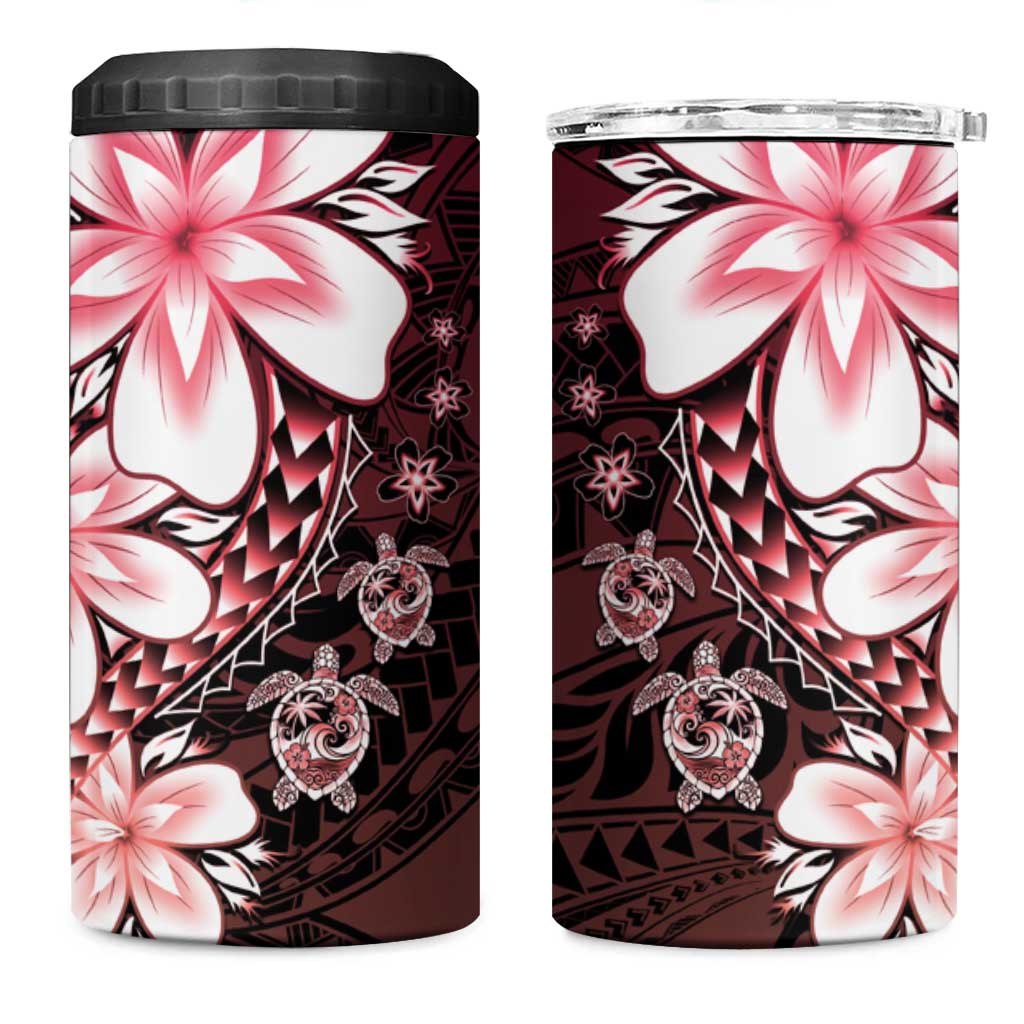 Polynesia Romantic Valentine 4 in 1 Can Cooler Tumbler Sea Turtle Couple With Red Gradient Plumeria