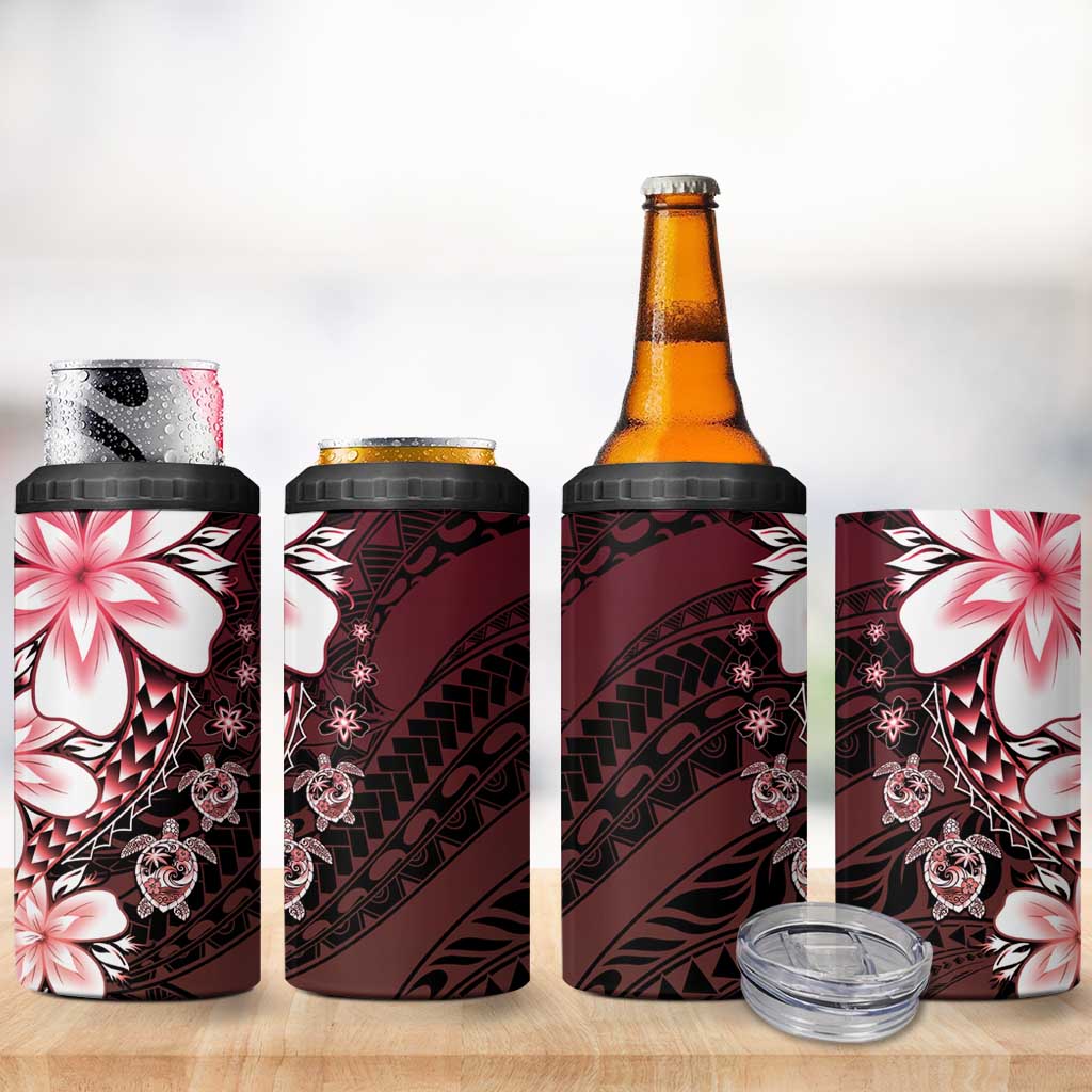 Polynesia Romantic Valentine 4 in 1 Can Cooler Tumbler Sea Turtle Couple With Red Gradient Plumeria