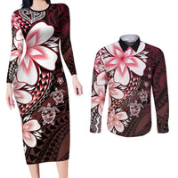 Polynesia Romantic Valentine Couples Matching Long Sleeve Bodycon Dress and Long Sleeve Button Shirt Sea Turtle Couple With Red Gradient Plumeria LT05 Red - Polynesian Pride