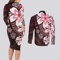 Polynesia Romantic Valentine Couples Matching Long Sleeve Bodycon Dress and Long Sleeve Button Shirt Sea Turtle Couple With Red Gradient Plumeria LT05 - Polynesian Pride