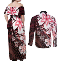 Polynesia Romantic Valentine Couples Matching Off Shoulder Maxi Dress and Long Sleeve Button Shirt Sea Turtle Couple With Red Gradient Plumeria