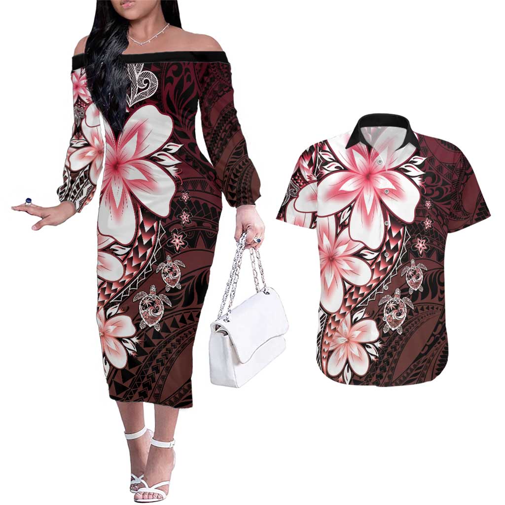 Polynesia Romantic Valentine Couples Matching Off The Shoulder Long Sleeve Dress and Hawaiian Shirt Sea Turtle Couple With Red Gradient Plumeria LT05 Red - Polynesian Pride