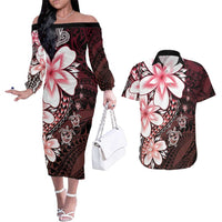 Polynesia Romantic Valentine Couples Matching Off The Shoulder Long Sleeve Dress and Hawaiian Shirt Sea Turtle Couple With Red Gradient Plumeria LT05 Red - Polynesian Pride