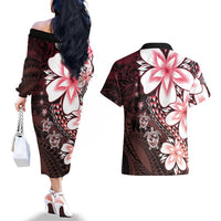 Polynesia Romantic Valentine Couples Matching Off The Shoulder Long Sleeve Dress and Hawaiian Shirt Sea Turtle Couple With Red Gradient Plumeria LT05 - Polynesian Pride