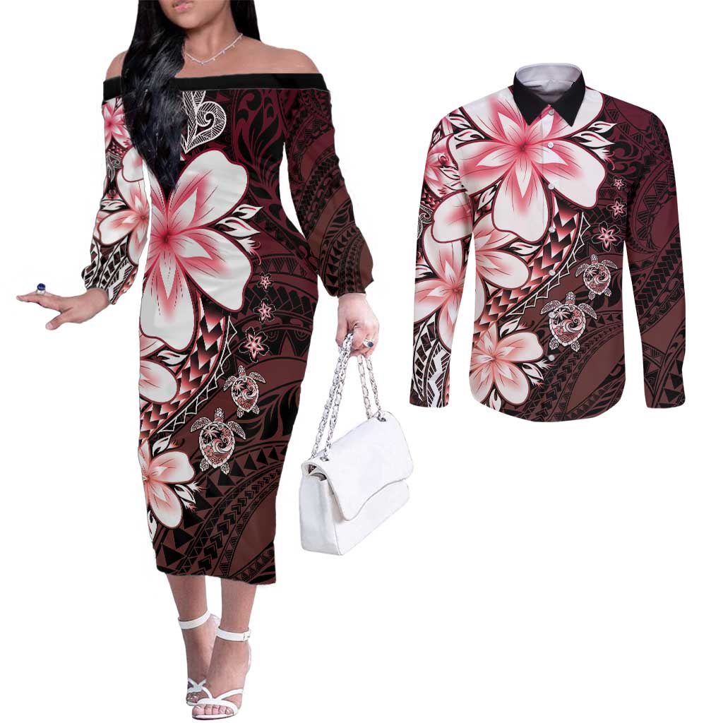 Polynesia Romantic Valentine Couples Matching Off The Shoulder Long Sleeve Dress and Long Sleeve Button Shirt Sea Turtle Couple With Red Gradient Plumeria LT05 Red - Polynesian Pride