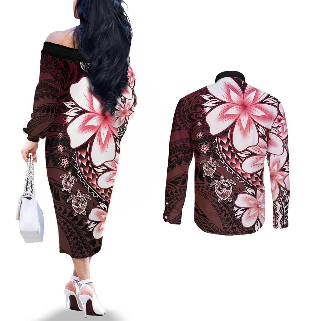 Polynesia Romantic Valentine Couples Matching Off The Shoulder Long Sleeve Dress and Long Sleeve Button Shirt Sea Turtle Couple With Red Gradient Plumeria LT05 - Polynesian Pride