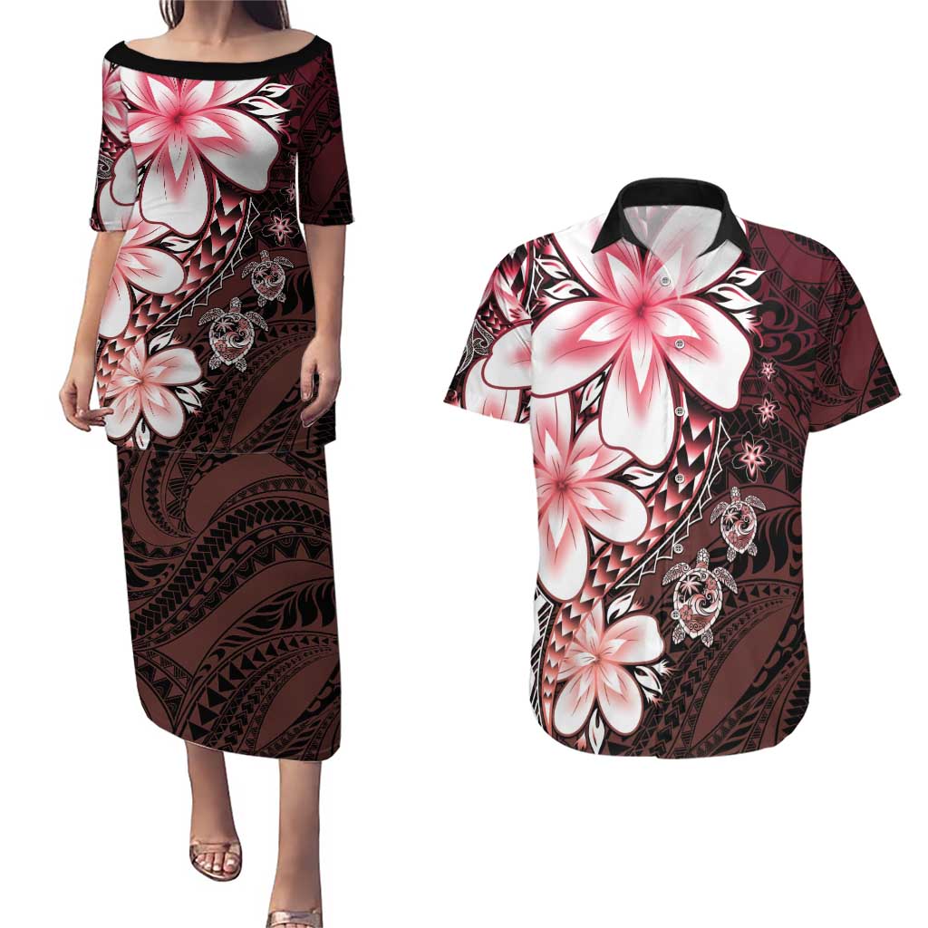 Polynesia Romantic Valentine Couples Matching Puletasi and Hawaiian Shirt Sea Turtle Couple With Red Gradient Plumeria