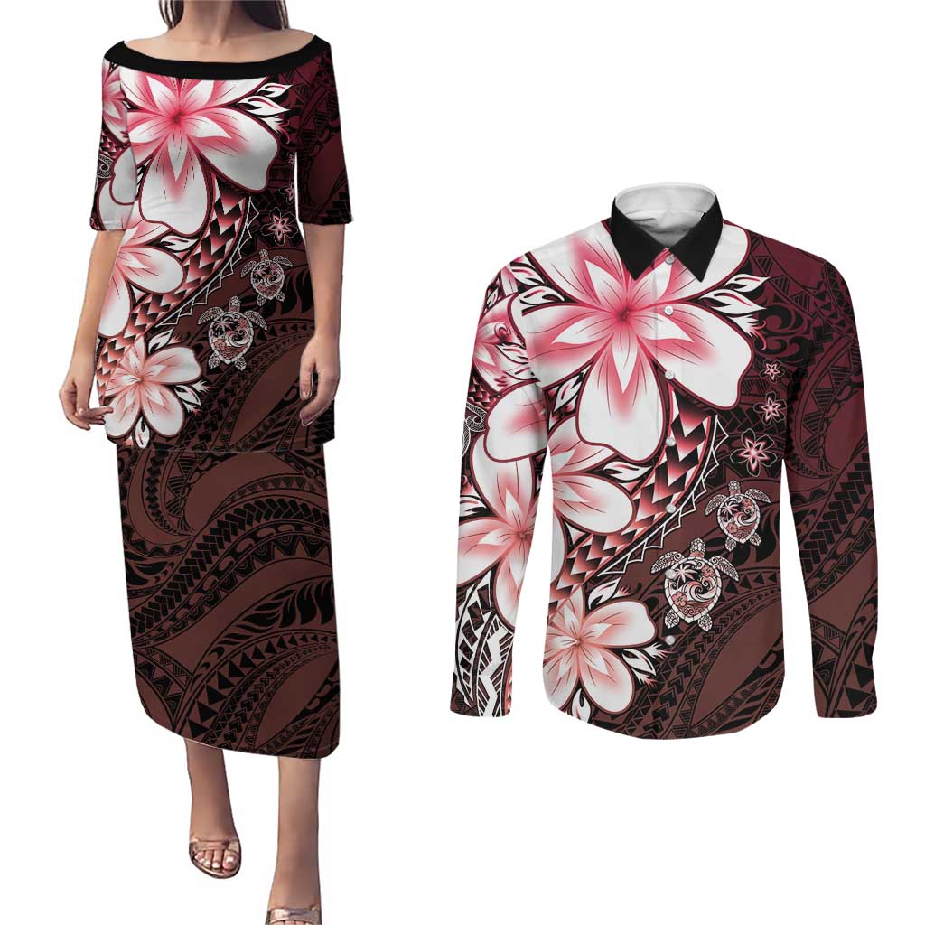Polynesia Romantic Valentine Couples Matching Puletasi and Long Sleeve Button Shirt Sea Turtle Couple With Red Gradient Plumeria LT05 Red - Polynesian Pride