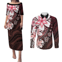 Polynesia Romantic Valentine Couples Matching Puletasi and Long Sleeve Button Shirt Sea Turtle Couple With Red Gradient Plumeria LT05 Red - Polynesian Pride
