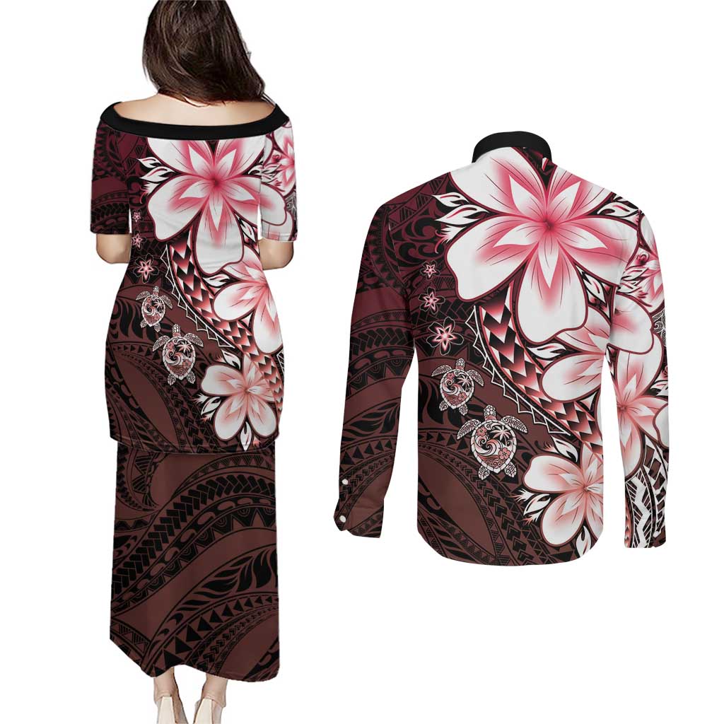 Polynesia Romantic Valentine Couples Matching Puletasi and Long Sleeve Button Shirt Sea Turtle Couple With Red Gradient Plumeria LT05 - Polynesian Pride