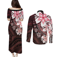 Polynesia Romantic Valentine Couples Matching Puletasi and Long Sleeve Button Shirt Sea Turtle Couple With Red Gradient Plumeria LT05 - Polynesian Pride