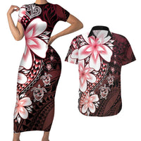 Polynesia Romantic Valentine Couples Matching Short Sleeve Bodycon Dress and Hawaiian Shirt Sea Turtle Couple With Red Gradient Plumeria LT05 Red - Polynesian Pride