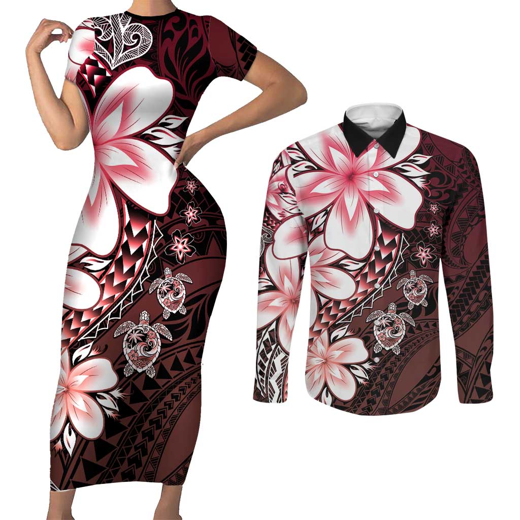 Polynesia Romantic Valentine Couples Matching Short Sleeve Bodycon Dress and Long Sleeve Button Shirt Sea Turtle Couple With Red Gradient Plumeria LT05 Red - Polynesian Pride