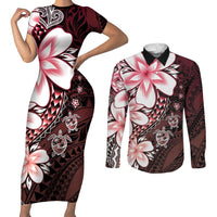 Polynesia Romantic Valentine Couples Matching Short Sleeve Bodycon Dress and Long Sleeve Button Shirt Sea Turtle Couple With Red Gradient Plumeria LT05 Red - Polynesian Pride