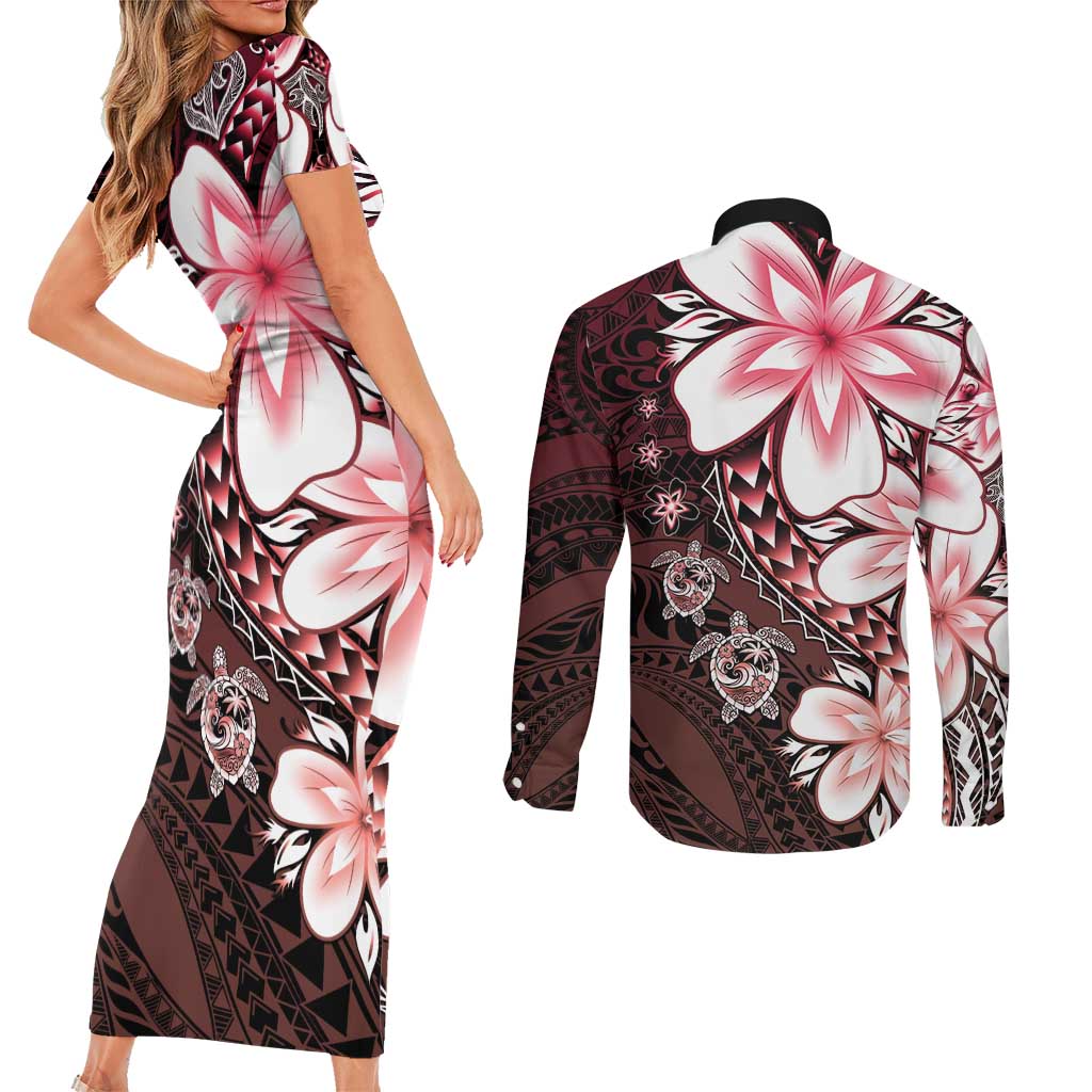 Polynesia Romantic Valentine Couples Matching Short Sleeve Bodycon Dress and Long Sleeve Button Shirt Sea Turtle Couple With Red Gradient Plumeria LT05 - Polynesian Pride