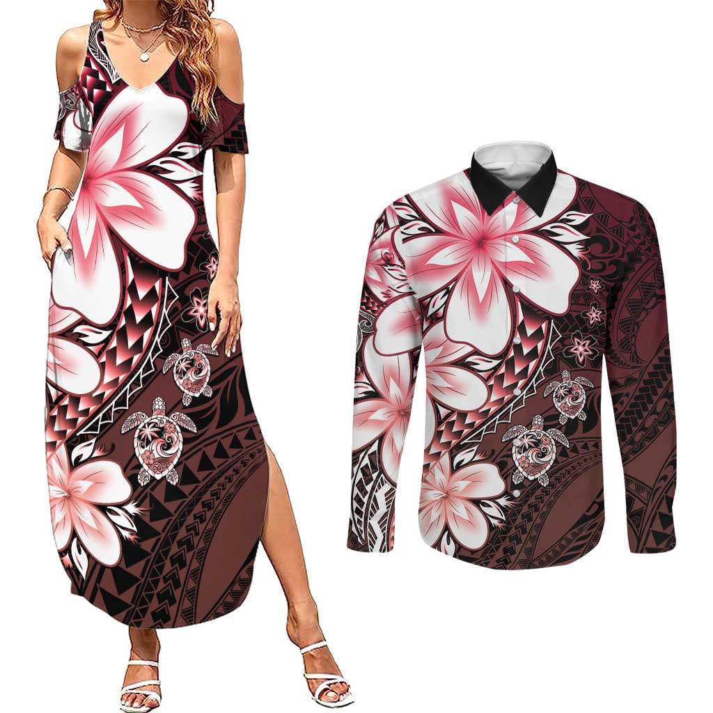 Polynesia Romantic Valentine Couples Matching Summer Maxi Dress and Long Sleeve Button Shirt Sea Turtle Couple With Red Gradient Plumeria