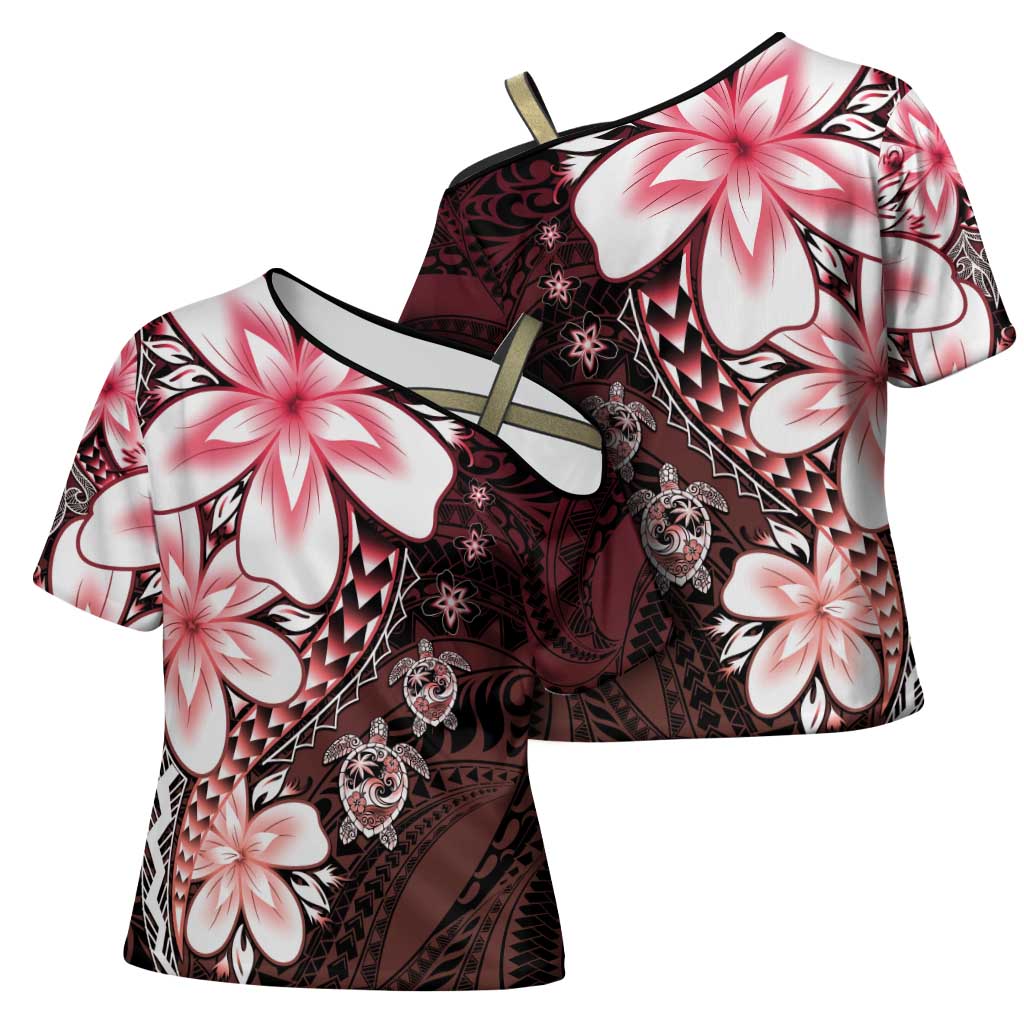 Polynesia Romantic Valentine Cross Shoulder Shirt Sea Turtle Couple With Red Gradient Plumeria