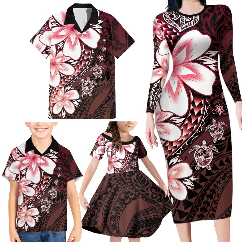 Polynesia Romantic Valentine Family Matching Long Sleeve Bodycon Dress and Hawaiian Shirt Sea Turtle Couple With Red Gradient Plumeria LT05 - Polynesian Pride