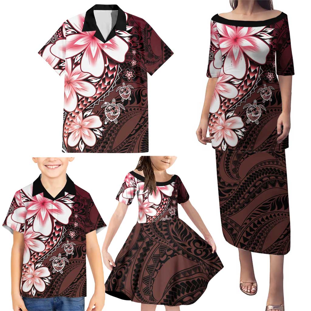 Polynesia Romantic Valentine Family Matching Puletasi and Hawaiian Shirt Sea Turtle Couple With Red Gradient Plumeria LT05 - Polynesian Pride