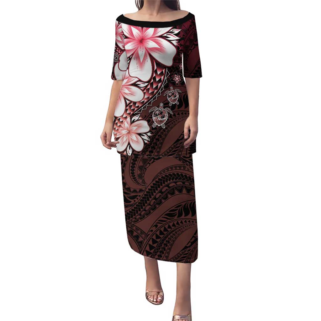 Polynesia Romantic Valentine Family Matching Puletasi and Hawaiian Shirt Sea Turtle Couple With Red Gradient Plumeria LT05 Mom's Dress Red - Polynesian Pride