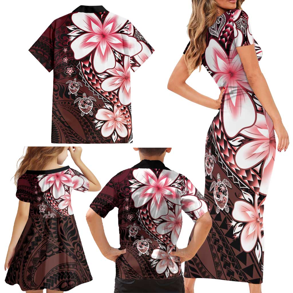 Polynesia Romantic Valentine Family Matching Short Sleeve Bodycon Dress and Hawaiian Shirt Sea Turtle Couple With Red Gradient Plumeria LT05 - Polynesian Pride