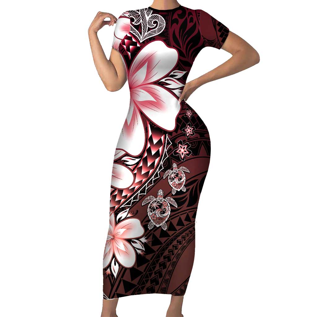 Polynesia Romantic Valentine Family Matching Short Sleeve Bodycon Dress and Hawaiian Shirt Sea Turtle Couple With Red Gradient Plumeria LT05 Mom's Dress Red - Polynesian Pride