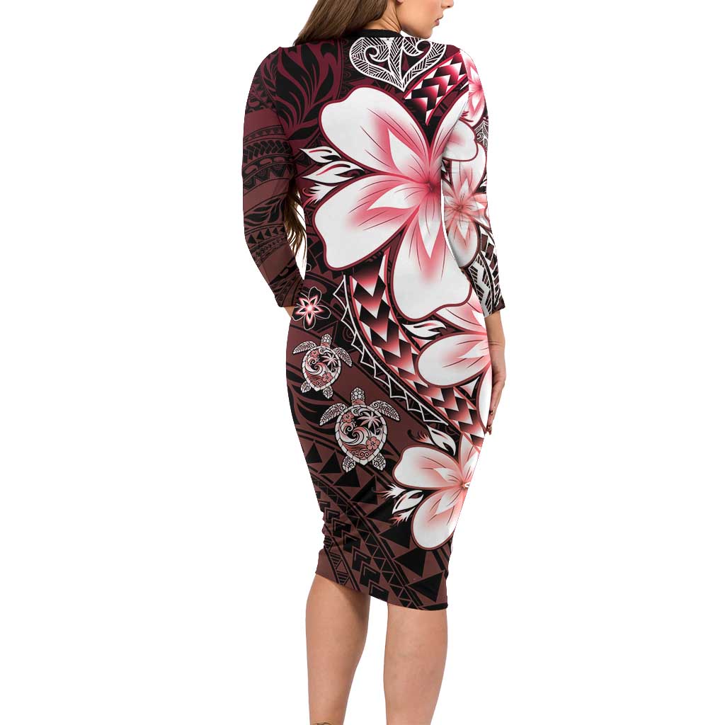 Polynesia Romantic Valentine Long Sleeve Bodycon Dress Sea Turtle Couple With Red Gradient Plumeria