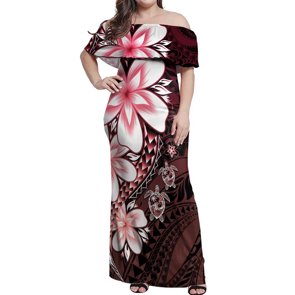 Polynesia Romantic Valentine Off Shoulder Maxi Dress Sea Turtle Couple With Red Gradient Plumeria
