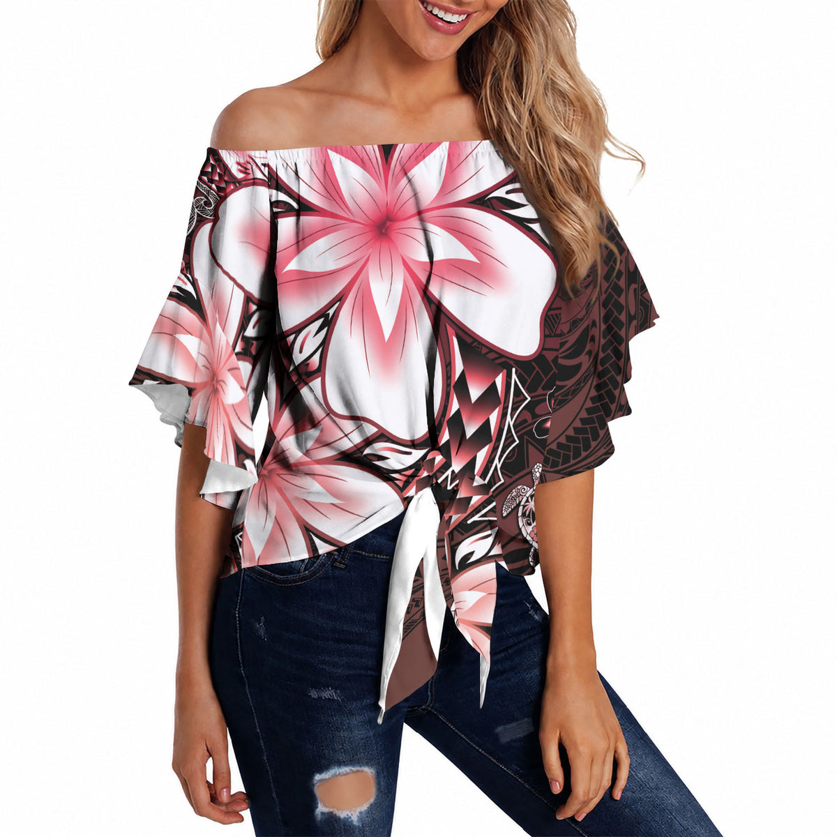 Polynesia Romantic Valentine Off Shoulder Wrap Waist Top Sea Turtle Couple With Red Gradient Plumeria LT05 - Polynesian Pride