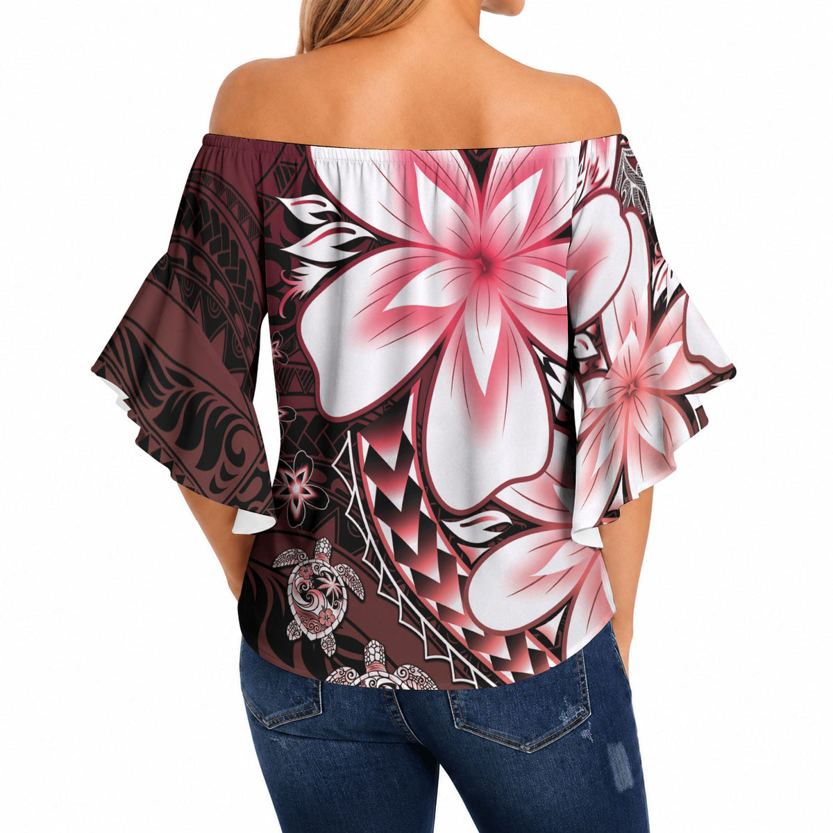 Polynesia Romantic Valentine Off Shoulder Wrap Waist Top Sea Turtle Couple With Red Gradient Plumeria LT05 - Polynesian Pride