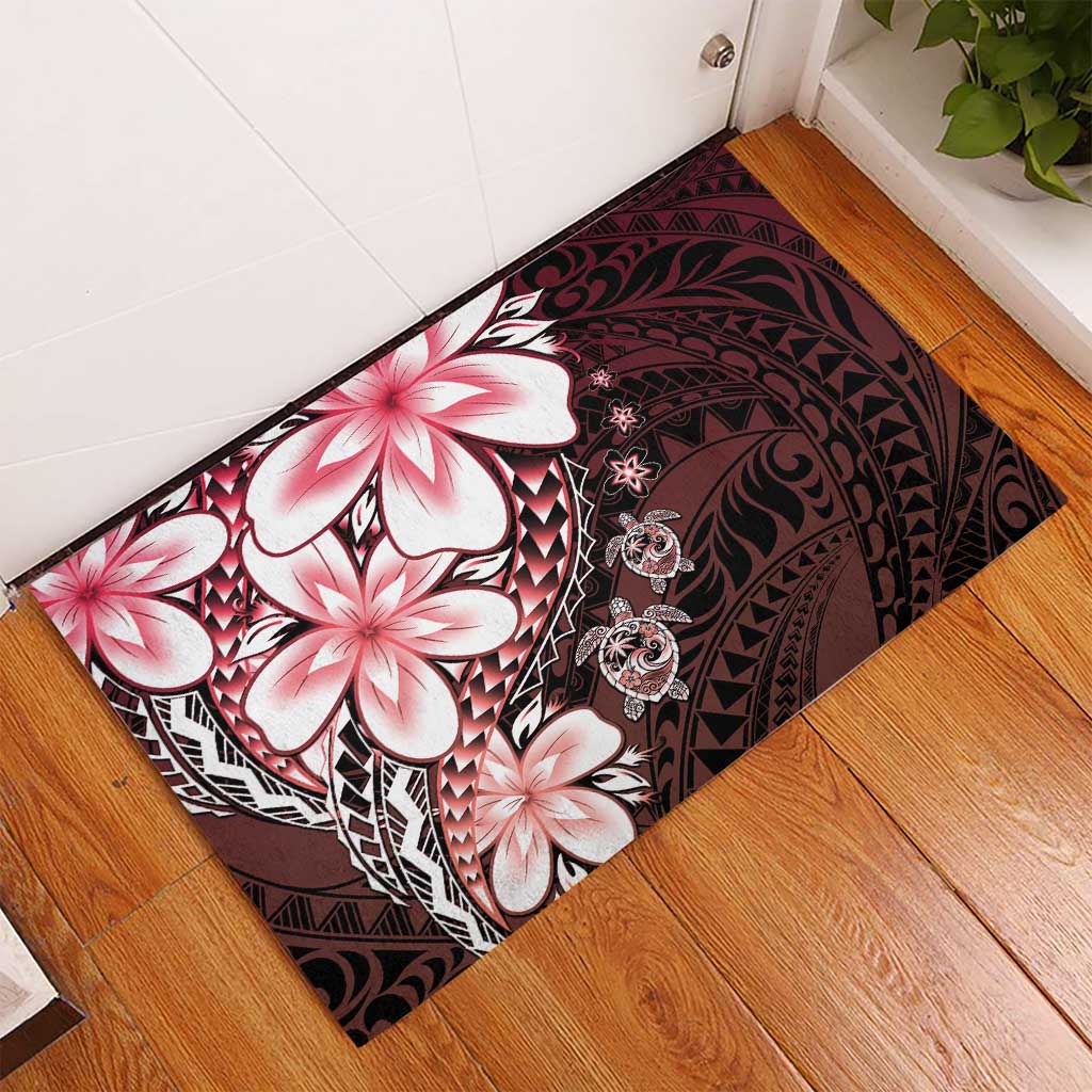 Polynesia Romantic Valentine Rubber Doormat Sea Turtle Couple With Red Gradient Plumeria