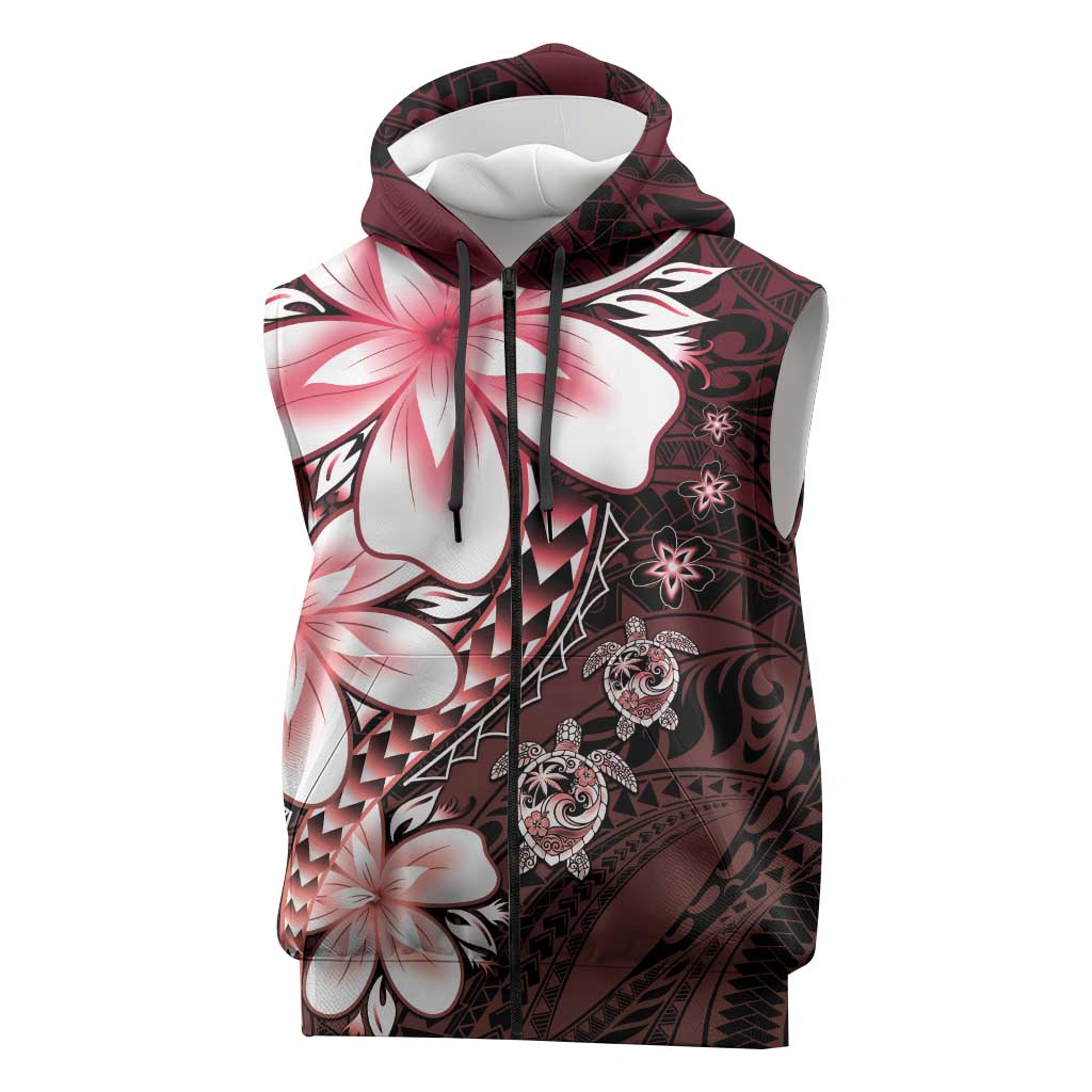 Polynesia Romantic Valentine Sleeveless Zip Hoodie Sea Turtle Couple With Red Gradient Plumeria