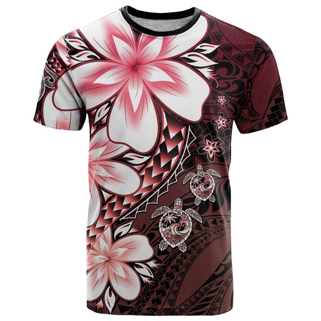 Polynesia Romantic Valentine T Shirt Sea Turtle Couple With Red Gradient Plumeria LT05 Red - Polynesian Pride