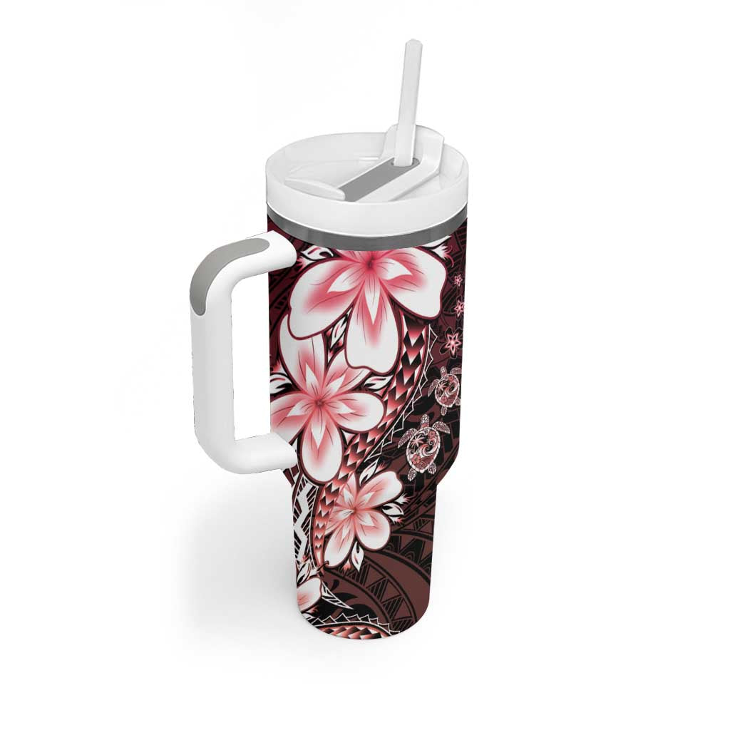 Polynesia Romantic Valentine Tumbler With Handle Sea Turtle Couple With Red Gradient Plumeria
